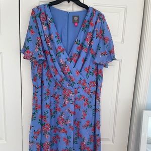 Vince Camuto Floral Print Sleeve Chiffon Faux Wrap Midi Dress Blue size 20W NWOT